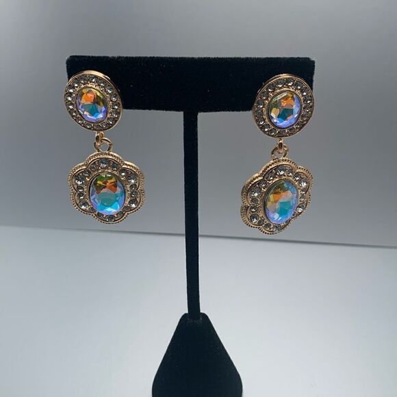 Stunning Vintage Aurora Borealis Glass cabochon drop earrings, Unmarked - Picture 2 of 5